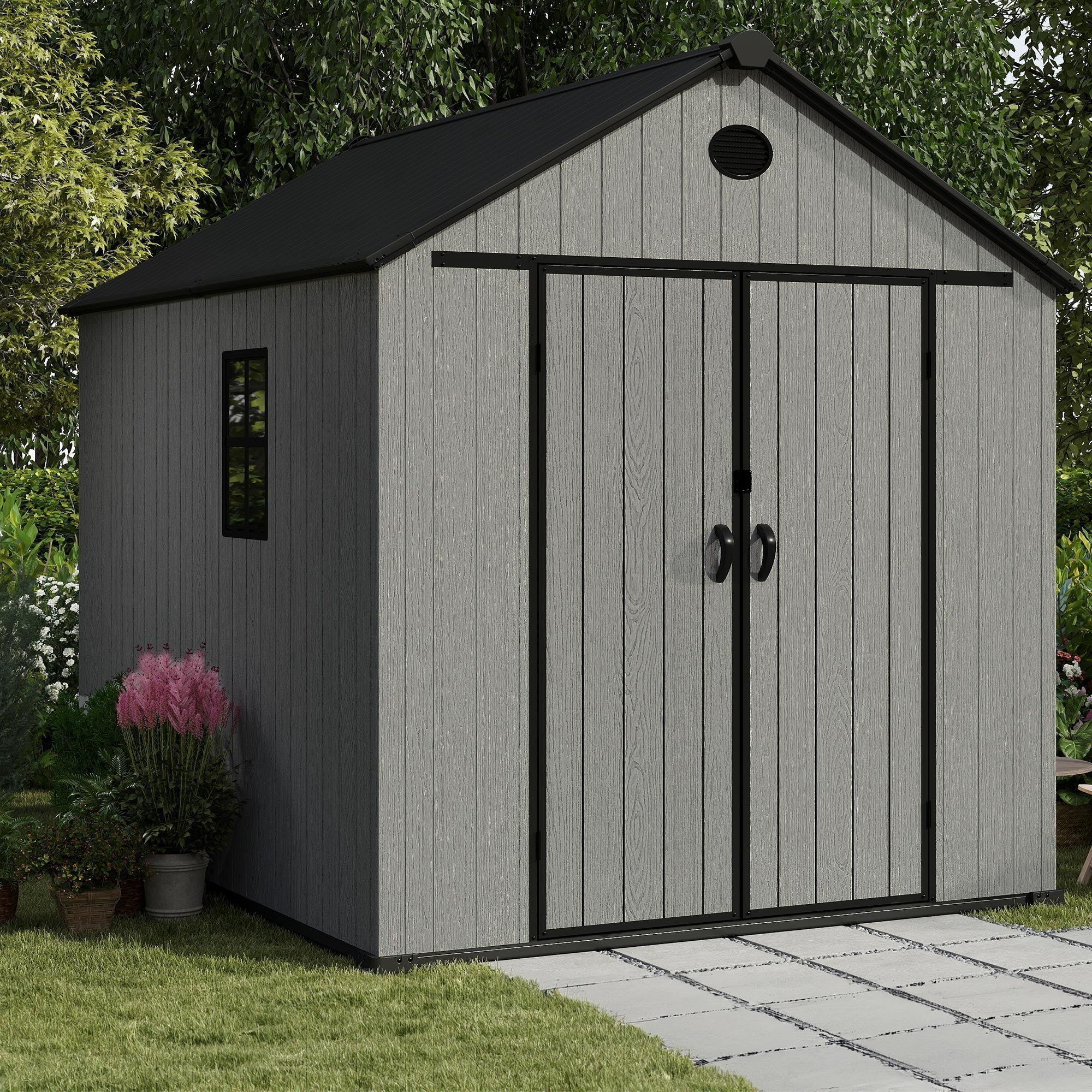 Pro Grade 6ft x 8ft Premium Plastic Double Door Garden Shed - Grey Wood Touch Texture