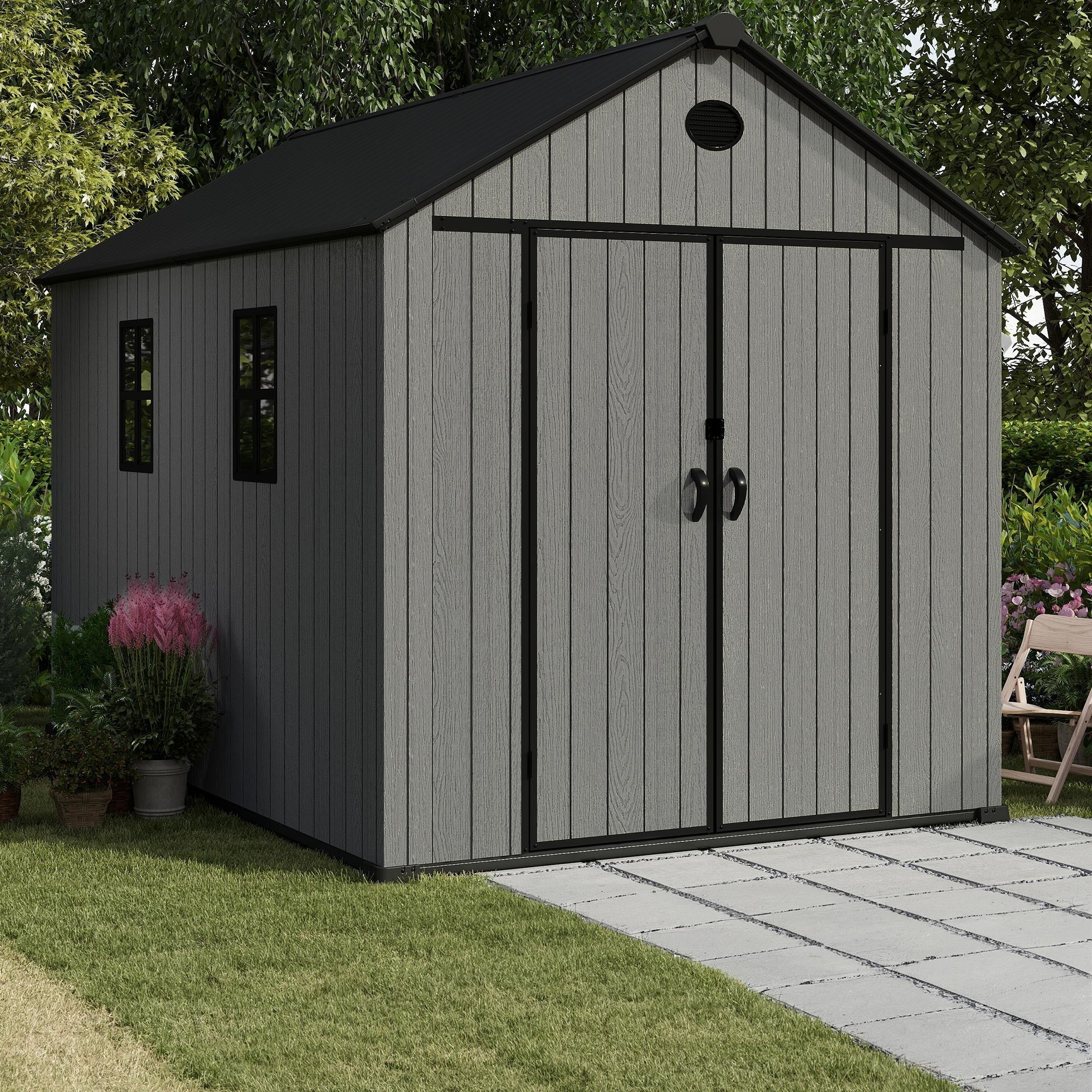 Pro Grade 8ft x 12ft Premium Plastic Double Door Garden Shed - Grey Wood Touch Texture
