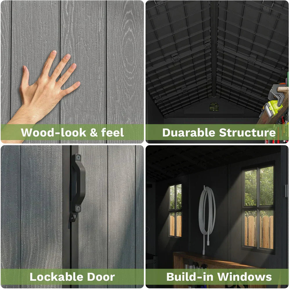Pro Grade 8ft x 10ft Premium Plastic Double Door Garden Shed - Grey/Anthracite Wood Touch Texture